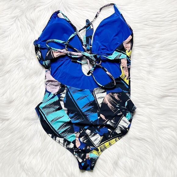 80's Geometric Keyhole One Piece Bathing Suit Blue & Purple Size Medium - Picture 2 of 5